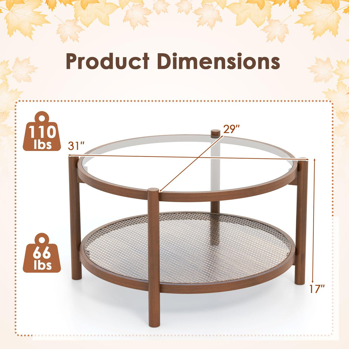 Giantex Rattan Coffee Table, Boho Round Glass Tea Table with PE Rattan Storage Shelf & Wood Frame, 2 Tier Accent Center Table for Living Room, Apartment, Small Space Giantex