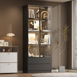 WOODTIME 78.7" H Display Storage Cabinet with Tempered Glass Doors & 3-Color Light, Wooden Curio Cabinet Bookcase Bookshelf with 4-Tier Shelves & 2 Drawers for Home Office Living Room Salon, Black WOODTIME