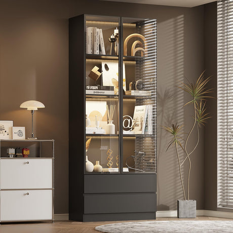 WOODTIME 78.7" H Display Storage Cabinet with Tempered Glass Doors & 3-Color Light, Wooden Curio Cabinet Bookcase Bookshelf with 4-Tier Shelves & 2 Drawers for Home Office Living Room Salon, Black WOODTIME