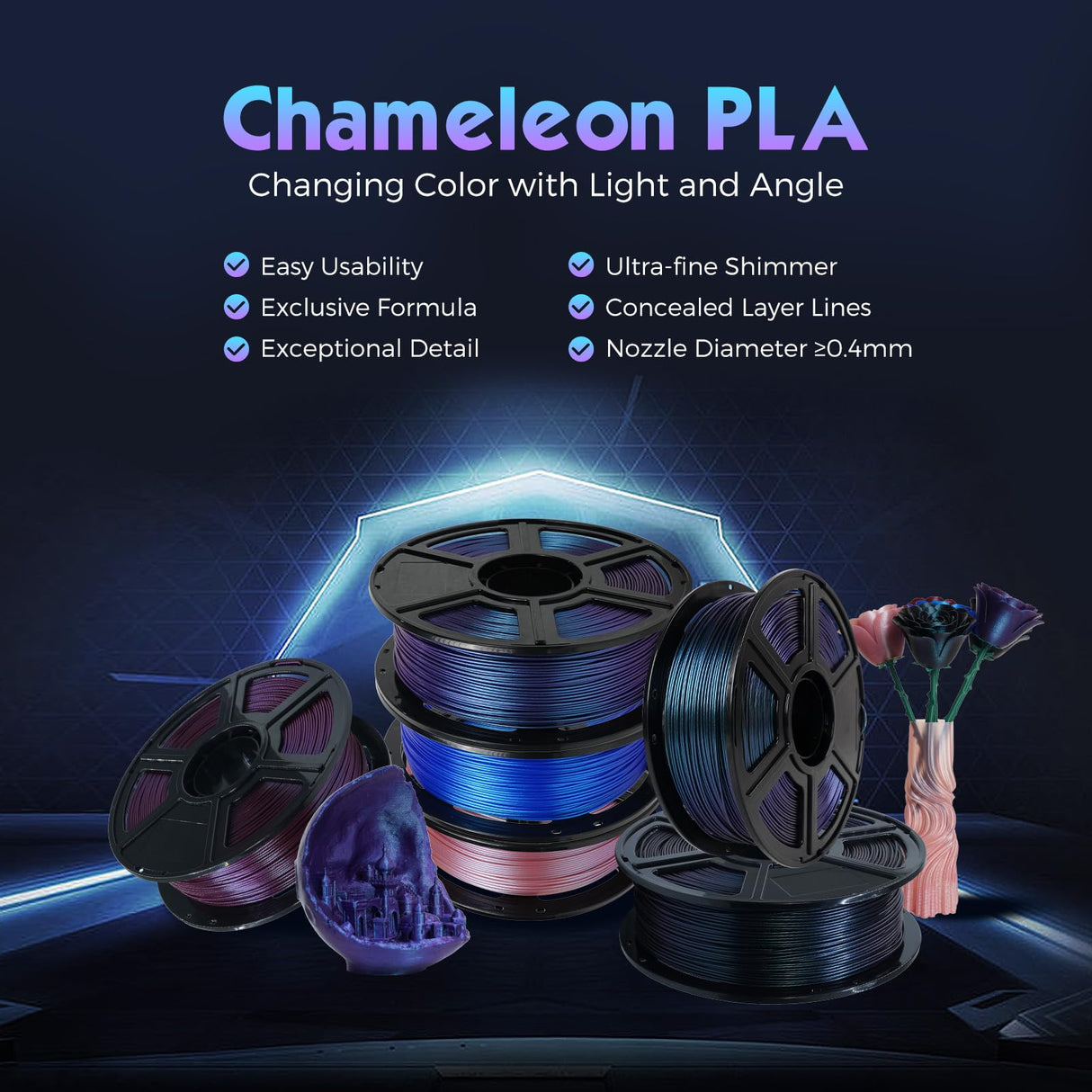 FLASHFORGE PLA Filament 1.75mm +/- 0.02mm Rose Quartz, Color Changeable 3D Printer Filament 1kg (2.2lbs), Chameleon 3D Printing Filament Changing Colors with Light, Perfectly Hide The Layer Line FLASHFORGE