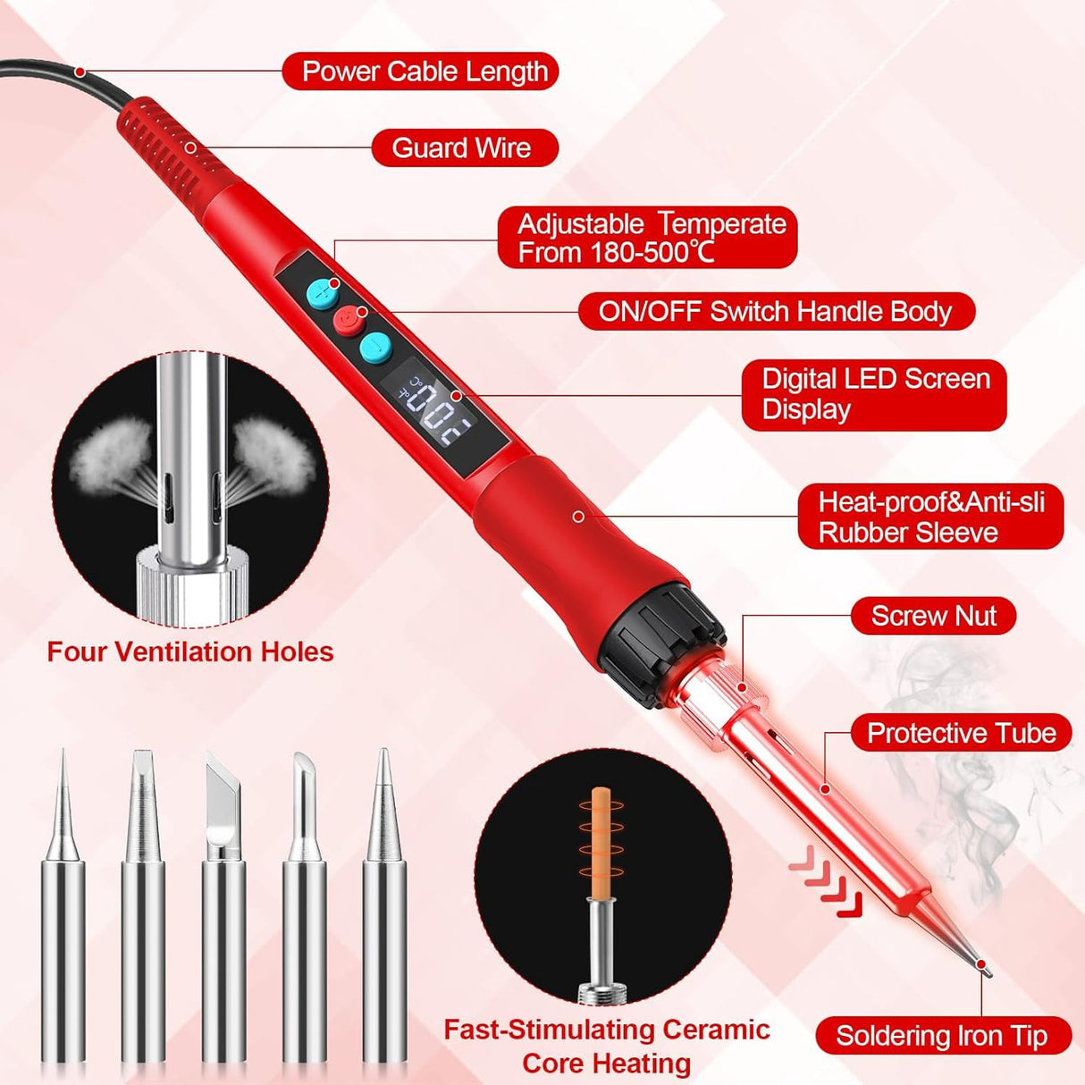 Soldering Iron Kit, 100W LED Digital Solder Gun kits with Ceramic Heater, Adjustable Temperature Welding Tools with Tips, Wick Braid, Stand, Solders Wire, Sponge, Flux Paste, Red Q-MING