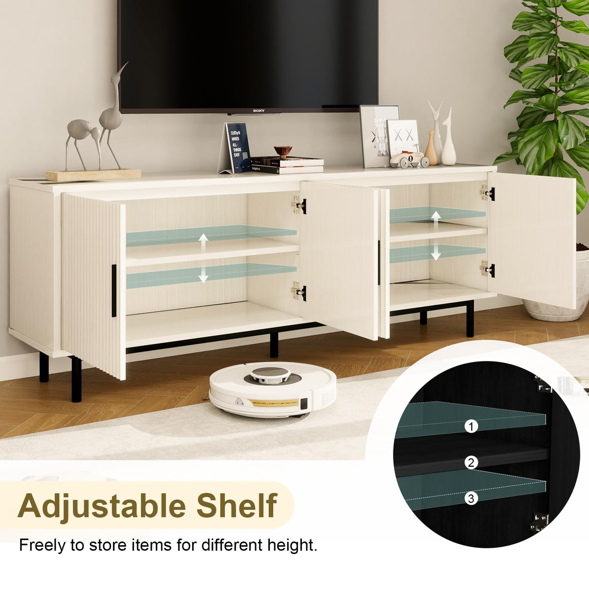 MUUEGM 70" Fluted tv Stand with Storage for Living Room, Entertainment Center Modern TV Stand for TV Up to 80 Inch, Television Media Console Table with Fluted Door and Adjustable Shelf, White MUUEGM