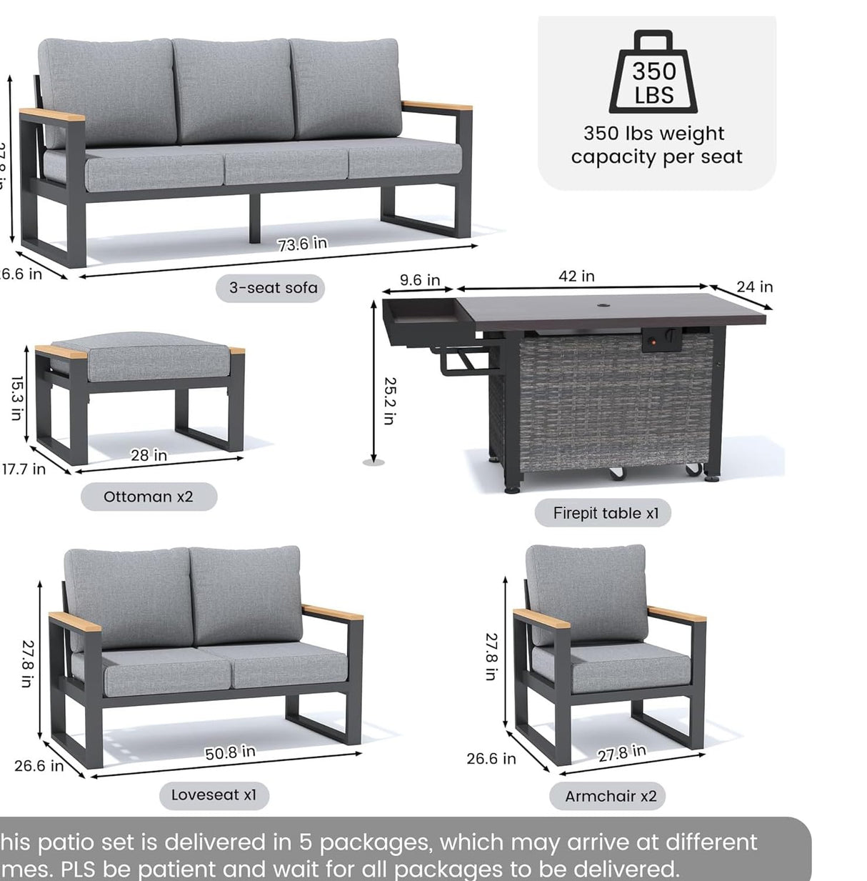 Sundale Outdoor Aluminum Patio Furniture Set w/Fire Pit, 7 Piece Modern Outdoor Furniture with 6 inch Cushion, Metal Patio Sectional Conversation Sets for Deck, Backyard, Porch (Grey) Sundale Outdoor
