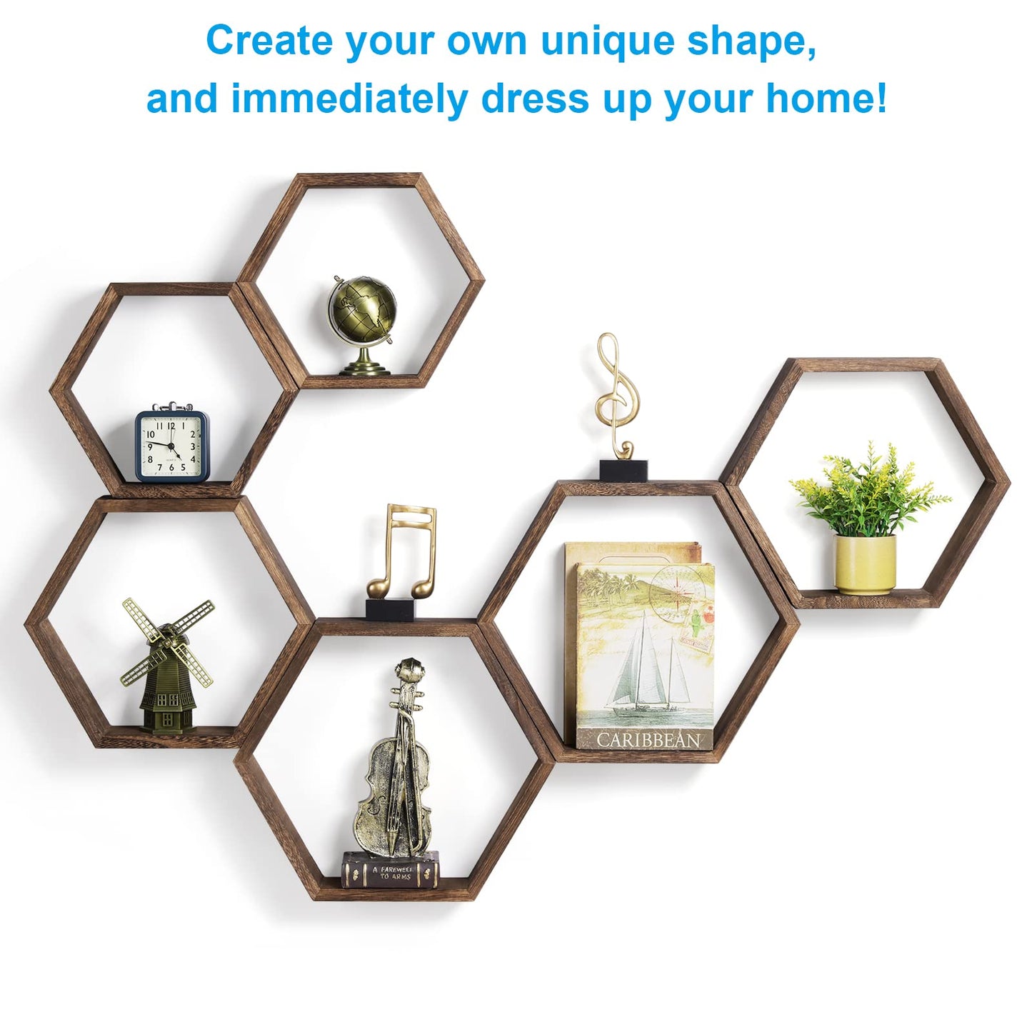 Hexagon Floating Shelves Set of 6 Farmhouse Honeycomb Wall Storage Shelf Wood Display Hexagonal Shelves Wall Mounted Hanging Rustic Shelf Racks for Bedroom Living Room Hallway Office Decor, Brown