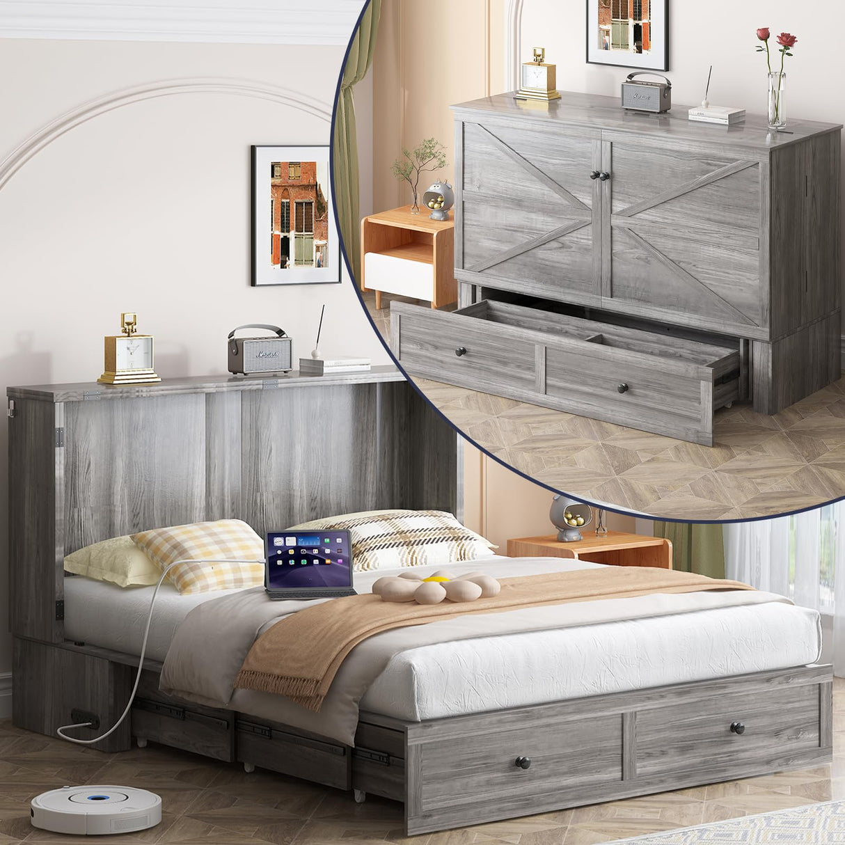 ijuicy Full Murphy Bed with Storage & Multifunctional Charging Station, Farmhouse Murphy Cabinet Bed with Foldable Panel, Space-Saving Beds for Guest Bedroom,Living Room(Mottled Grey‌, with Mattress) ijuicy