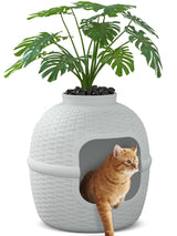 Hidden Box with Faux Plant, Large Cat Litter Box with Rattan Pattern, Heavy Duty PP Material Litter Box Enclosure Furniture for Home Decor, Light Grey keygarzone