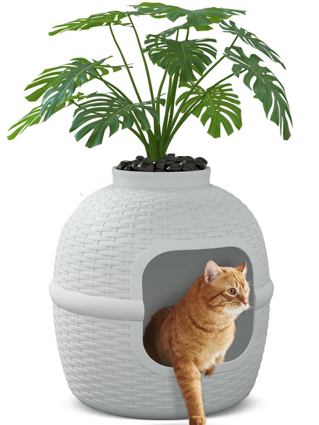Hidden Box with Faux Plant, Large Cat Litter Box with Rattan Pattern, Heavy Duty PP Material Litter Box Enclosure Furniture for Home Decor, Light Grey keygarzone
