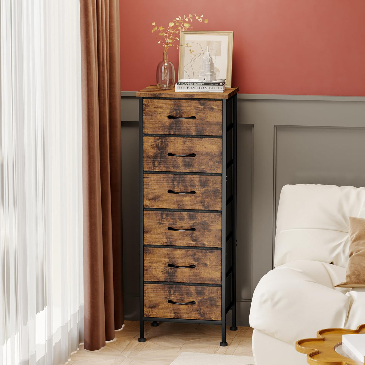 Fixwal Tall Dresser for Bedroom Closet Organizers and Storage Tall Fabric Dresser with 6 Drawers, Small Clothes Storage Girl Bedroom Furniture, Rustic Brown Fixwal