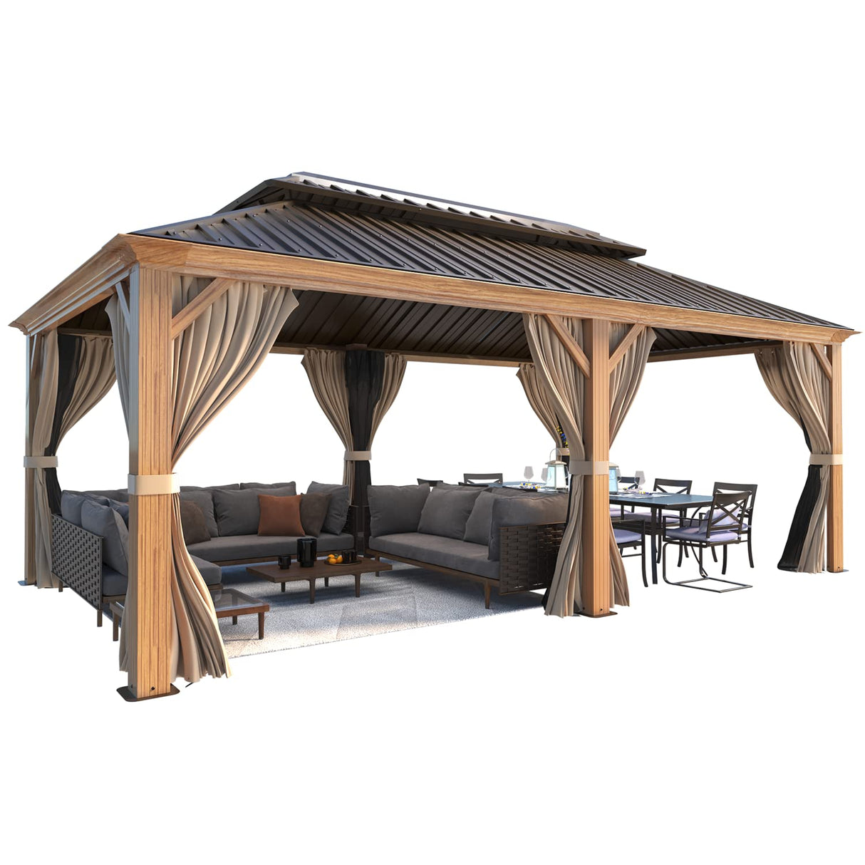 EROMMY 12'x20' Hardtop Gazebo, Wooden Finish Coated Aluminum Frame Gazebo with Galvanized Steel Roof, Outdoor Metal Gazebos with Curtains and Nettings for Patio, Backyard, Deck and Lawns EROMMY