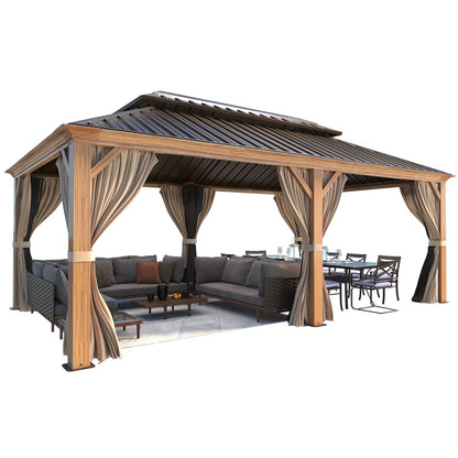 EROMMY 12'x20' Hardtop Gazebo, Wooden Finish Coated Aluminum Frame Gazebo with Galvanized Steel Roof, Outdoor Metal Gazebos with Curtains and Nettings for Patio, Backyard, Deck and Lawns