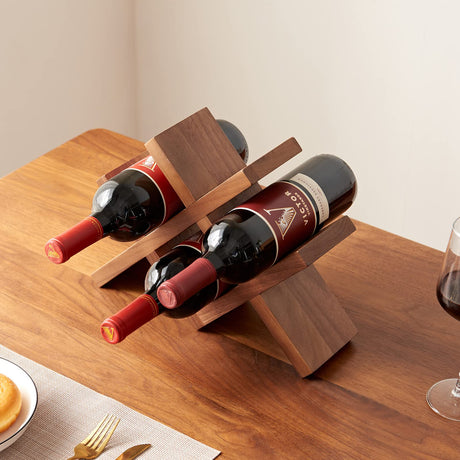 TREOAKWIS Wine Rack Countertop Oak Solid Wood Wine Organizer Rack 4 Bottles Holder for Wine, Drinks, Beer, Suit for Home, Bar, Kitchen,Cellar Basement (Walnut) TREOAKWIS