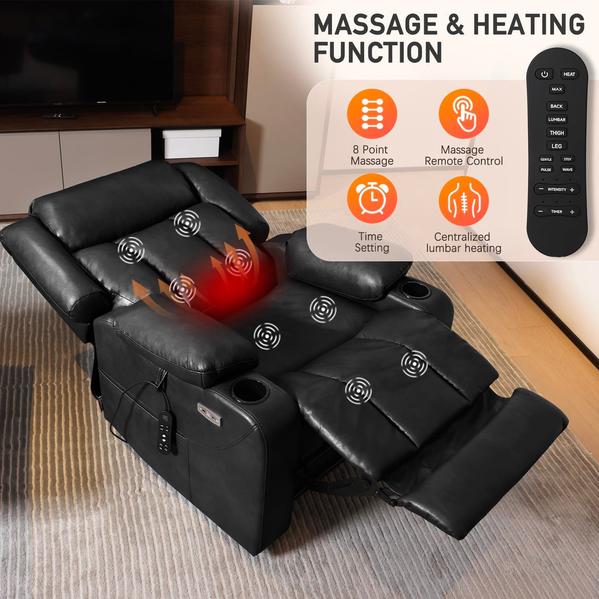 EONIX Dual Motor Oversized Power Lift Recliner Chair for Elderly, 400lbs Heavy Duty Faux Leather Recliner with Massage and Heat, Lay Flat Big and Tall Lift Chair with Cup Holders, Black EONIX