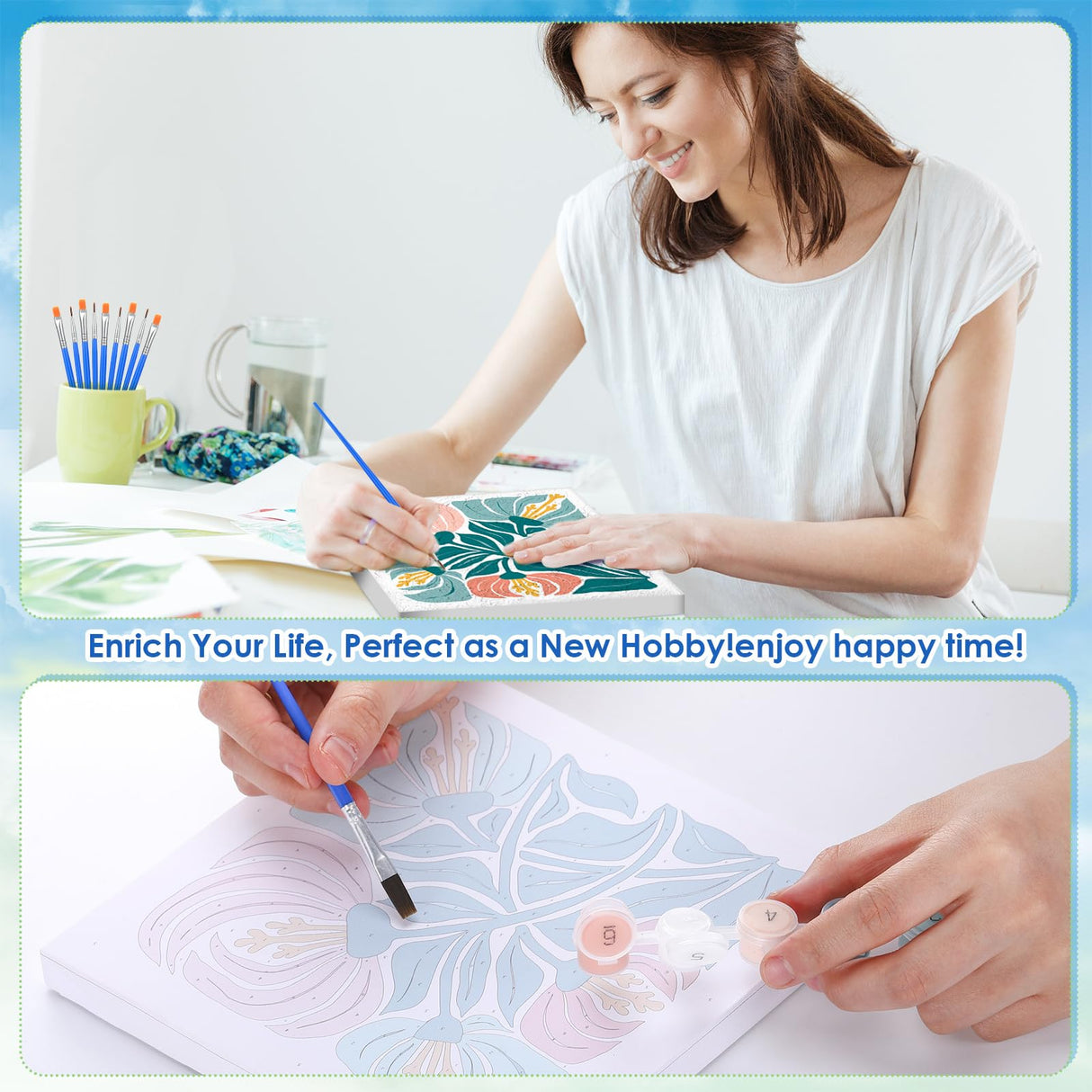 RoundFunny 8 Set Paint by Numbers Kit for Adults with 8x8 Inch Mini Simple Painting Canvas Wooden Frame Easel Acrylic Paints Brushes Funny Numbers Drawing Kit for Gift Home Wall Decor(Simple Blossom) RoundFunny