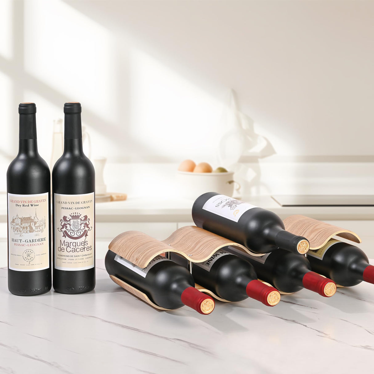TRUDING Countertop Wine Rack - 7 Bottle Freestanding Wine Bottle Holder Stand - 2 Tier Wooden Wine Storage Rack - Wavy Wine Organizer for Cabinet Pantry Home Kitchen Bar TRUDING