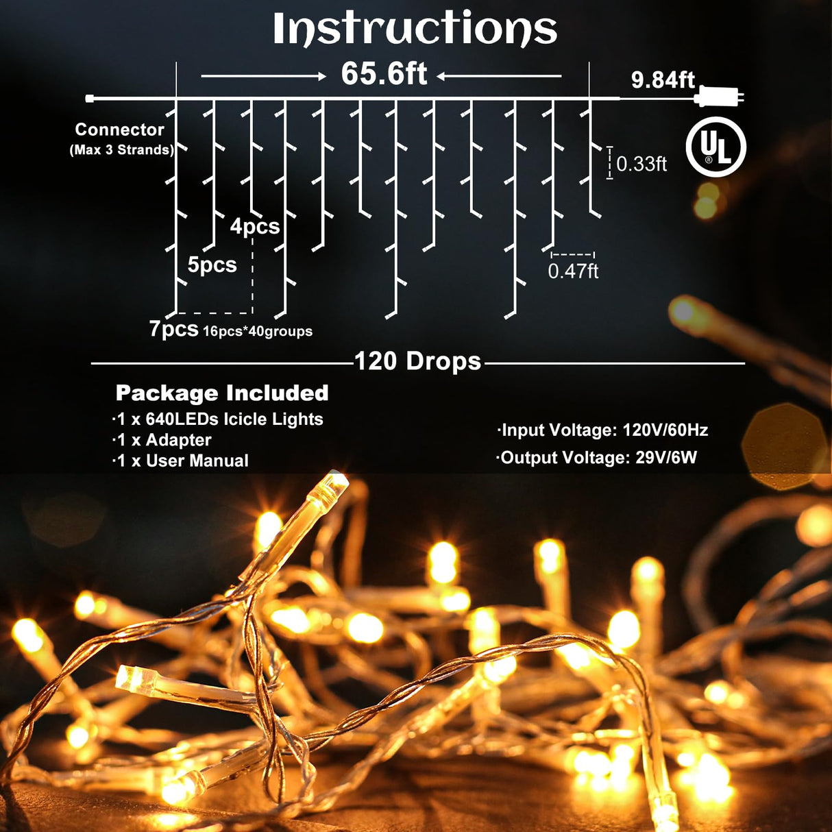 66ft Icicle Lights for Outside - 640 LED Christmas Lights Outdoor with 120 Drops 8 Modes, Plug in Twinkle Light Outside for Holiday Wedding Party Tree Room Indoor Thanksgiving Decoration, Warm White Nielfoi