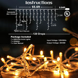 66ft Icicle Lights for Outside - 640 LED Christmas Lights Outdoor with 120 Drops 8 Modes, Plug in Twinkle Light Outside for Holiday Wedding Party Tree Room Indoor Thanksgiving Decoration, Warm White Nielfoi