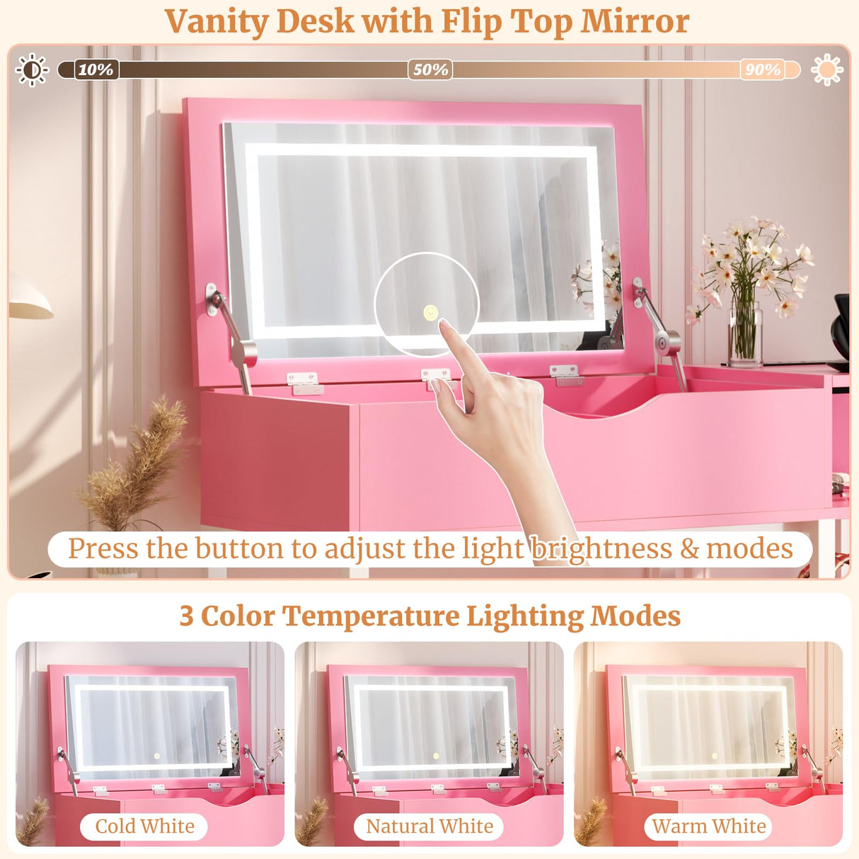 Cyclysio Vanity Desk with Flip Top Mirror and Lights, Makeup Vanity Desk with Drawers, Dressing Table with Storage Shelves & Charging Station, Small Vanity for Small Spaces, Pink Cyclysio