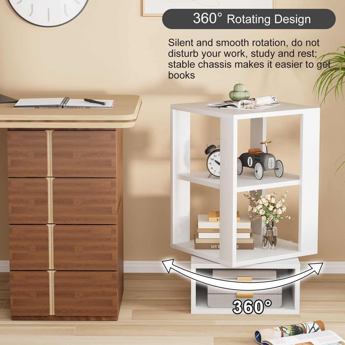 Azheruol 360° Rotating White End Table - 3 Tier Freestanding Display Shelf for Home and Office - WoodArtSupply