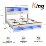 LUXOAK King Size Bed Frame with Bookcase Storage Headboard & Footboard, Farmhouse Wood Platform Bed with LED Light & Charging Station, No Box Spring Needed, White LUXOAK