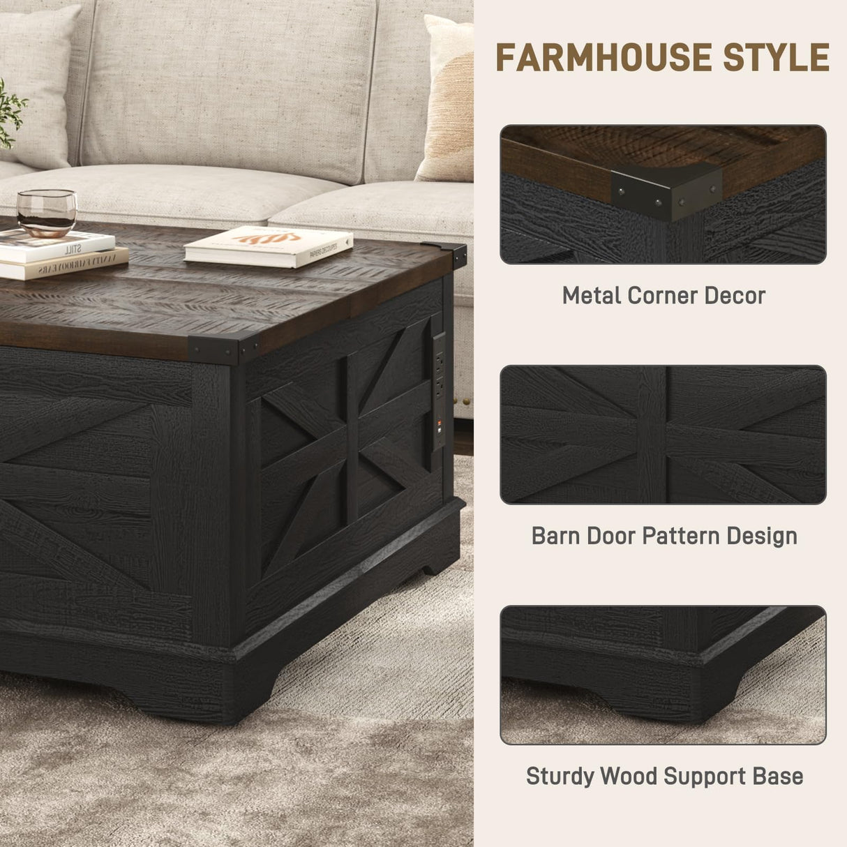 Hlivelood 36" Farmhouse Movable Lift Top Coffee Table with Storage and Power Outlets, Square Wood Living Room Tables with Wheels&Large Hidden Space, Lift Wooden Barn Door Center Table, Black Hlivelood