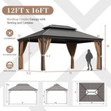 Greesum 12'x16' Hardtop Metal Gazebo, Outdoor Galvanized Steel Double Roof Canopy, Aluminum Frame Permanent Pavilion with Netting and Curtains for Lawns, Patio, Deck, Parties Greesum