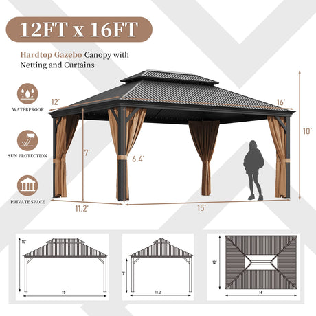 Greesum 12'x16' Hardtop Metal Gazebo, Outdoor Galvanized Steel Double Roof Canopy, Aluminum Frame Permanent Pavilion with Netting and Curtains for Patio, Backyard, Deck and Lawns Greesum