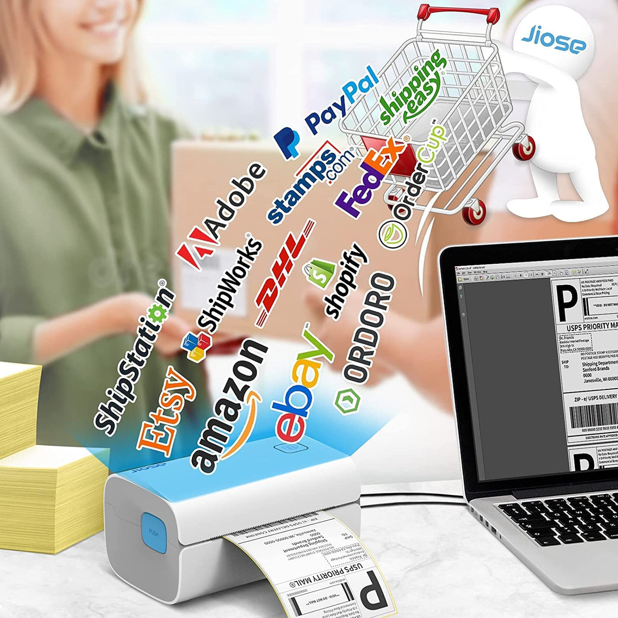 Jiose Thermal Label Printer - 4x6 Label Printer for Small Business Shipping Packages - One-Click Printing on Windows Mac Chrome Systems,Support USPS Shopify Ebay etc (White-Grey) Jiose