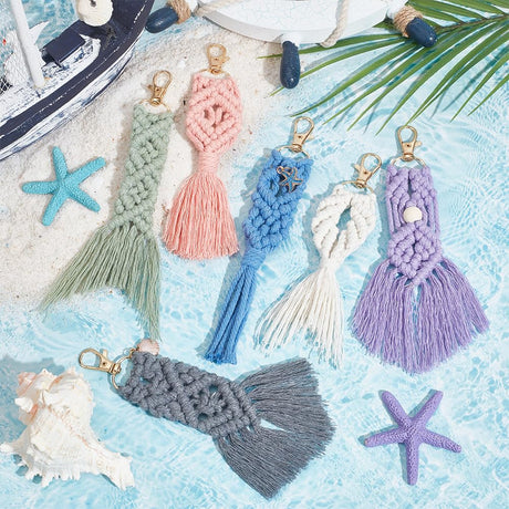 ACRNIGHEET 6PCS Seashell Macrame Keychain Kit for Beginners DIY Boho Macrame Making Kit for Adults Colorful Keychain Macrame Starter Kit for Keys Bags Charms Ocean Macrame Keychain Kit with Video ACRNIGHEET