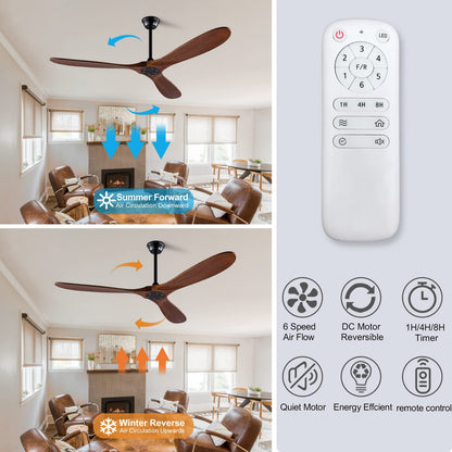 XBIBI 60 Inch Ceiling Fans Without Light, Solid Wood Ceiling Fan No Light with Remote and 3 Wood Blades,6 Speed Quiet DC Motor Indoor Outdoor Ceiling Fans for Patio, Living Room, Bedroom, Off - WoodArtSupply