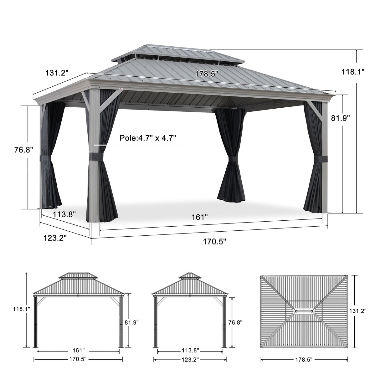 PURPLE LEAF 11' x 15' Permanent Hardtop Gazebo with Galvanized Steel Double Roof and Aluminum Frames Outdoor Large Pavilion Gazebo for Patio Deck Garden, Netting and Curtains Included, Light Grey PURPLE LEAF