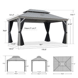 PURPLE LEAF 11' x 15' Permanent Hardtop Gazebo with Galvanized Steel Double Roof and Aluminum Frames Outdoor Large Pavilion Gazebo for Patio Deck Garden, Netting and Curtains Included, Light Grey PURPLE LEAF