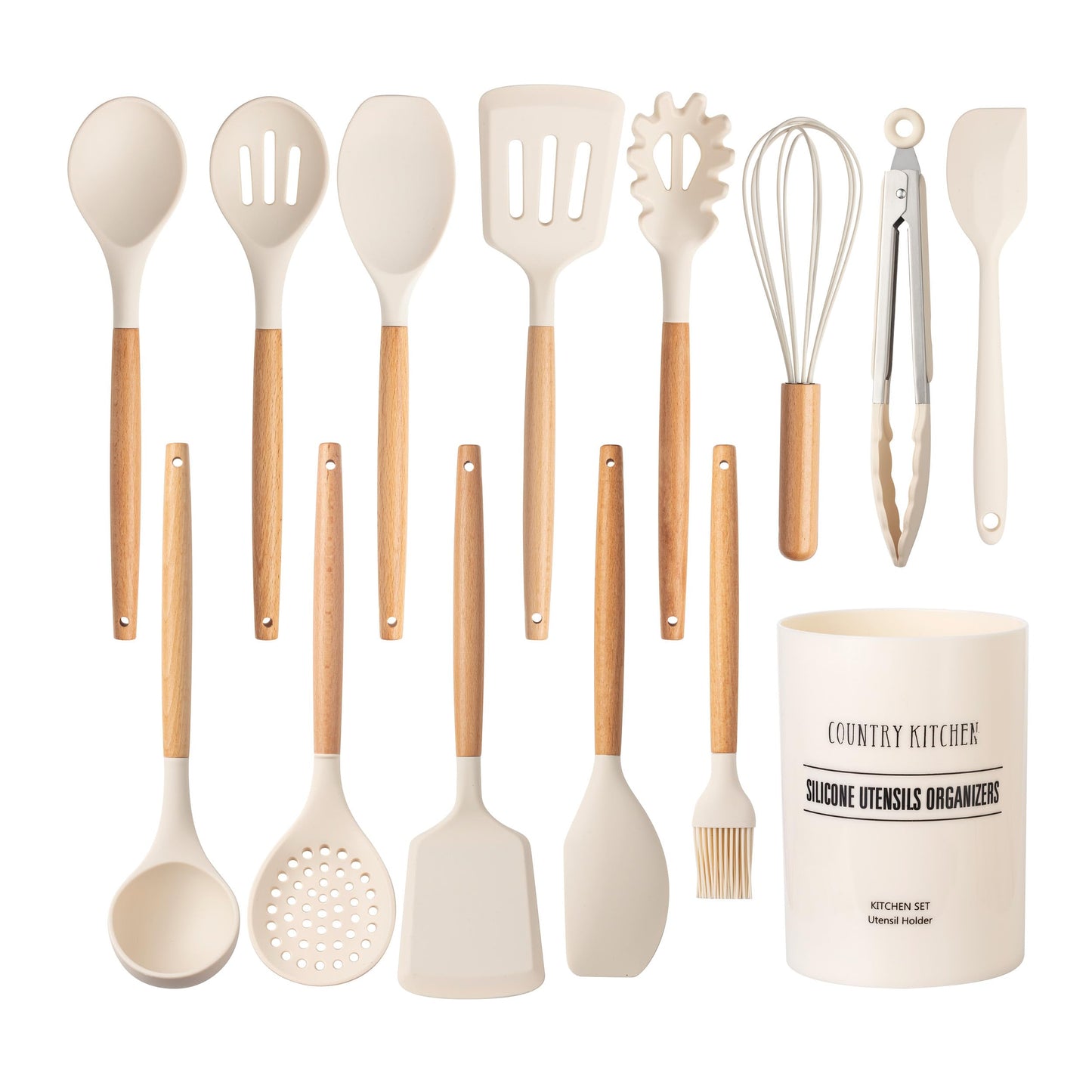 Country Kitchen Non Stick Silicone Utensil Set with Rounded Wood Handles for Cooking and Baking, 14 Piece Set, Khaki