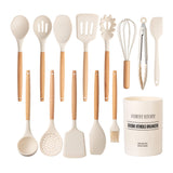 Country Kitchen Non Stick Silicone Utensil Set with Rounded Wood Handles for Cooking and Baking, 14 Piece Set, Khaki Country Kitchen