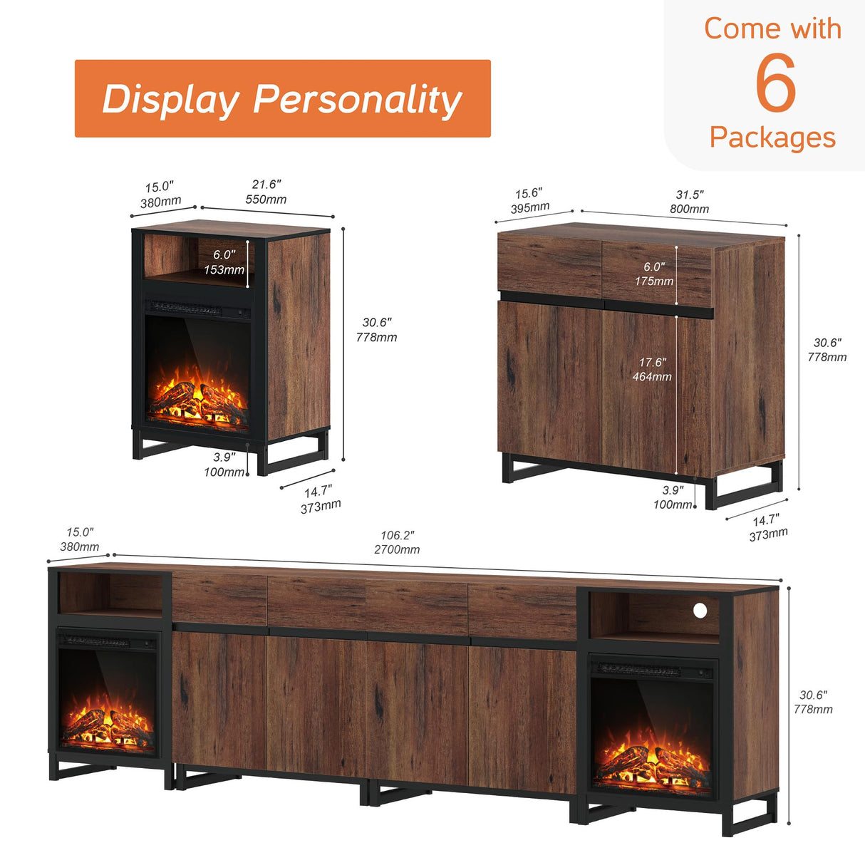 WAMPAT Fireplace TV Stand for TVs up to 110 inch, 4 in 1 Modern Entertainment Center with LED Lights & Adjustable Shelf, TV Console for Living Room,Brown WAMPAT