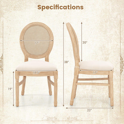 GOFLAME French Country Dining Chairs Set of 2, Upholstered Farmhouse Dining Chairs with Round Rattan Back and Seat, Accent Side Chairs with Solid Wood Frame for Living Room, Dinging Room, Kitchen