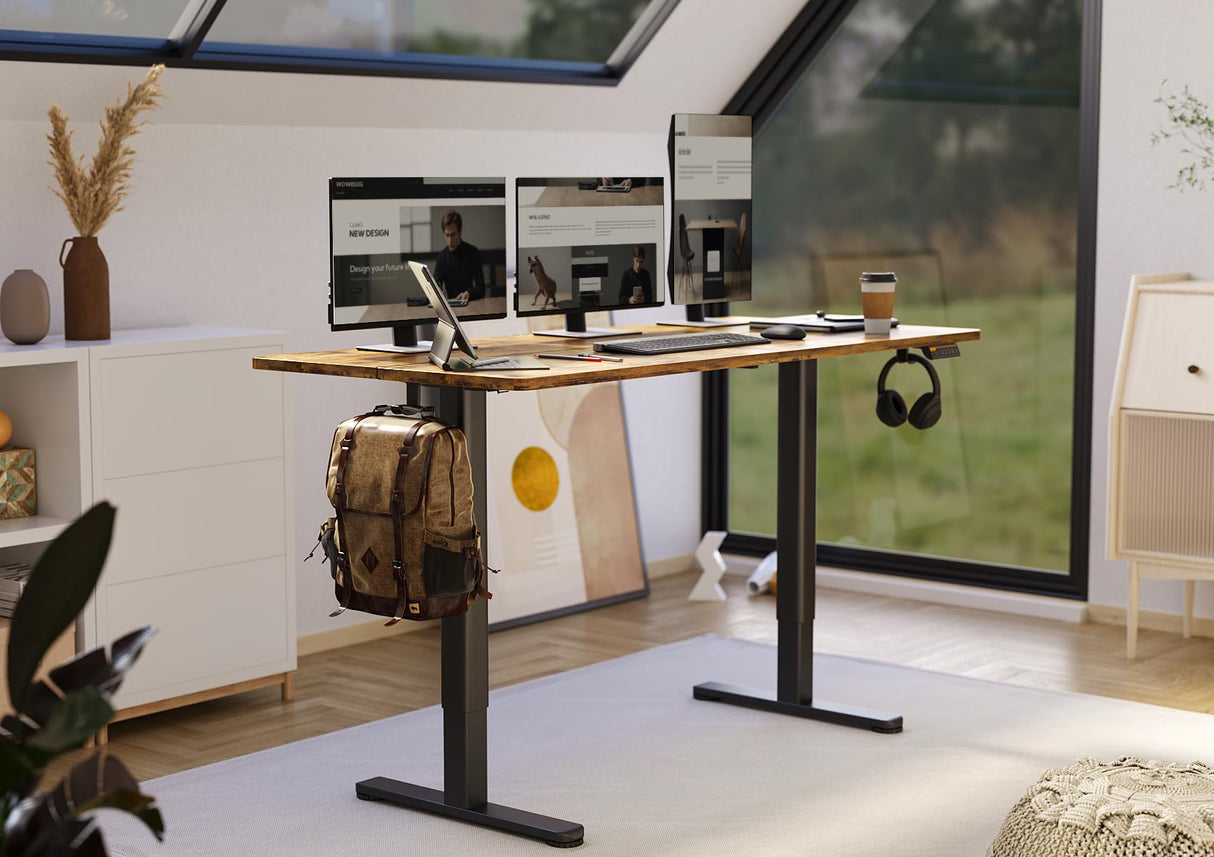 Claiks Electric Standing Desk, Adjustable Height Stand up Desk, 55x24 Inches Sit Stand Home Office Desk with Splice Board, Black Frame/Rustic Brown Top Claiks