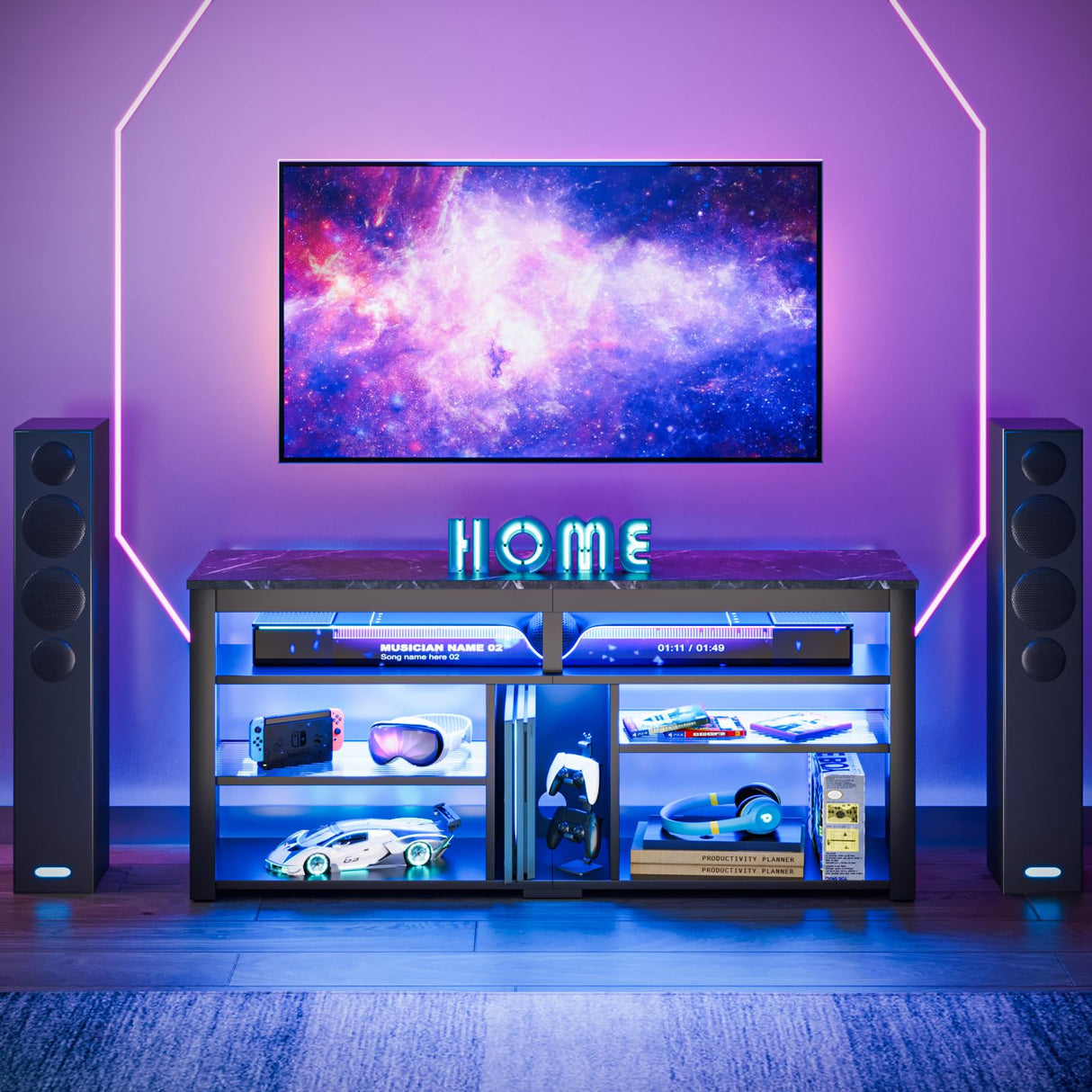 Bestier LED Tall Entertainment Center, 55 inch TV Stand for 55/60/65 inch TV, Gaming TV Cabinet with Storage for PS5 Xbox, Adjustable Shelf Media TV Console for Living Room Bedroom, Black Marble Bestier