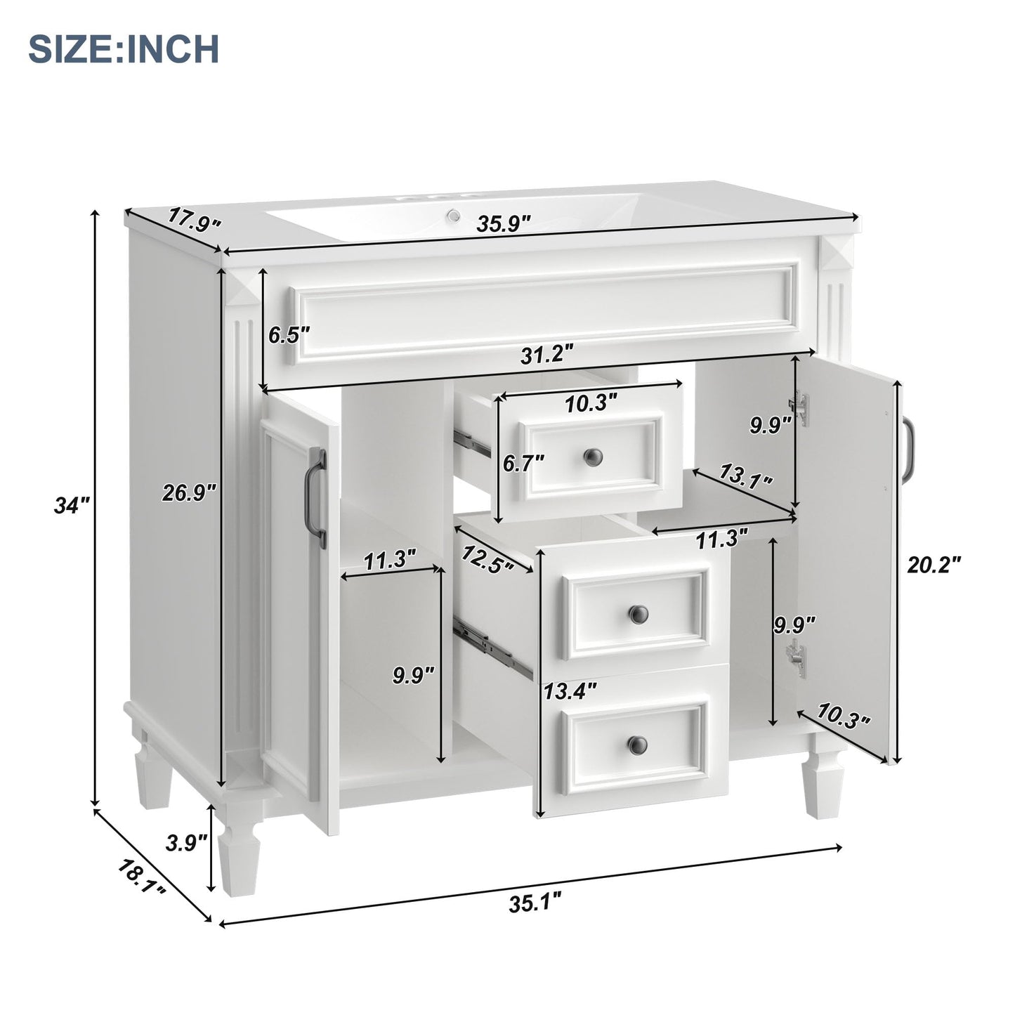 Merax 36" Bathroom Vanities with Single Sink, Modern Undermount Bathroom Sink Cabinet with 3 Closing Doors & 2 Full Extension Dovetail Drawers