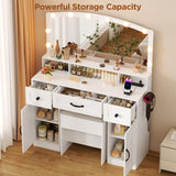 ERLEJIA Farmhouse Vanity Desk with Mirror and Lights&Stool and Power Outlet, 43.3" Large 3 LED Lights Modes Makeup Vanity Table with 7 Drawers, 2 Cabinets& Large Mirror,Bedroom Vanity Desk White ERLEJIA