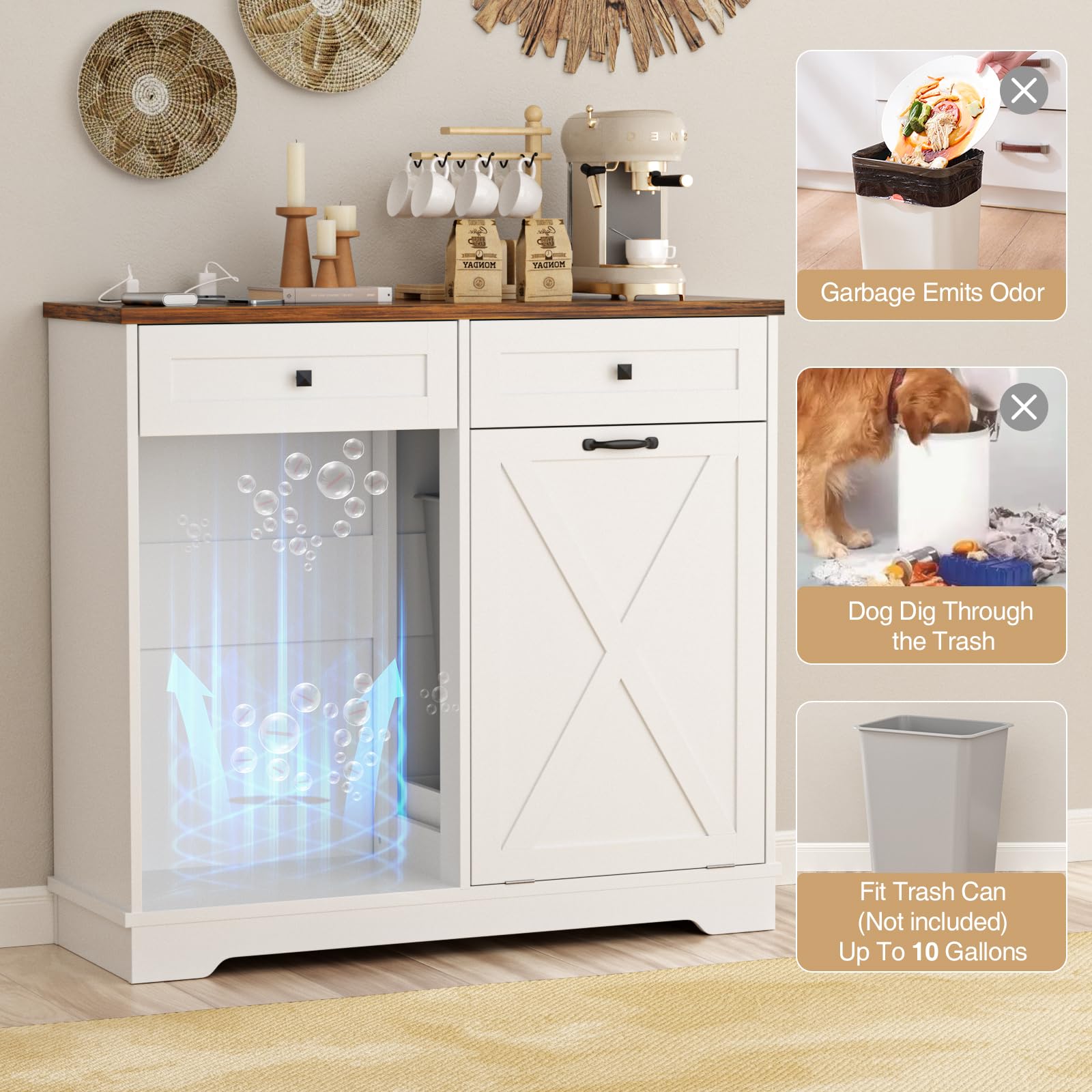 Double Tilt Out Trash Can Cabinet, 20 Gallon Hidden Trash Can Cabinet with Deodorizing Function, Farmhouse Wooden Garbage Trash Bin Cabinet and Drawer for Kitchen Living Room, White - WoodArtSupply