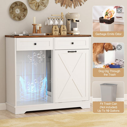 Double Tilt Out Trash Can Cabinet, 20 Gallon Hidden Trash Can Cabinet with Deodorizing Function, Farmhouse Wooden Garbage Trash Bin Cabinet and Drawer for Kitchen Living Room, White - WoodArtSupply