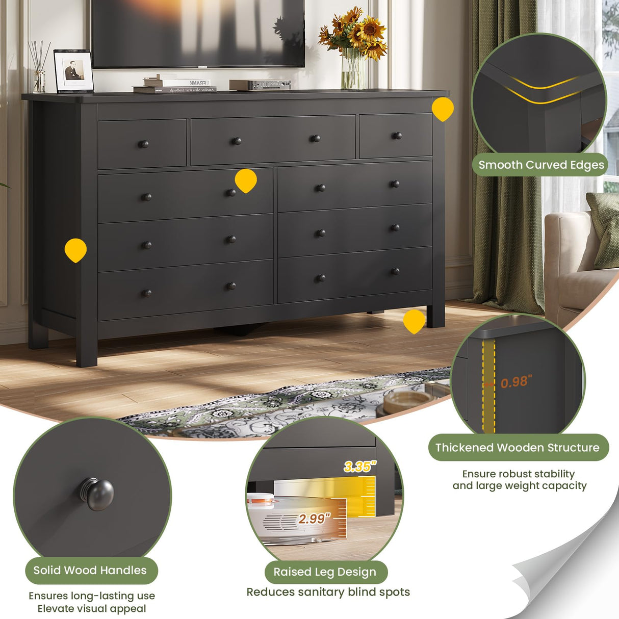 Hasuit Black Dresser for Bedroom with 9 Drawers, Modern 55.1" Long Dressers Chest of Drawer with Large Drawers, Large Capacity Storage Organizer Cabinet, Wide Dresser for Bedroom, Living Room, Hallway Hasuit