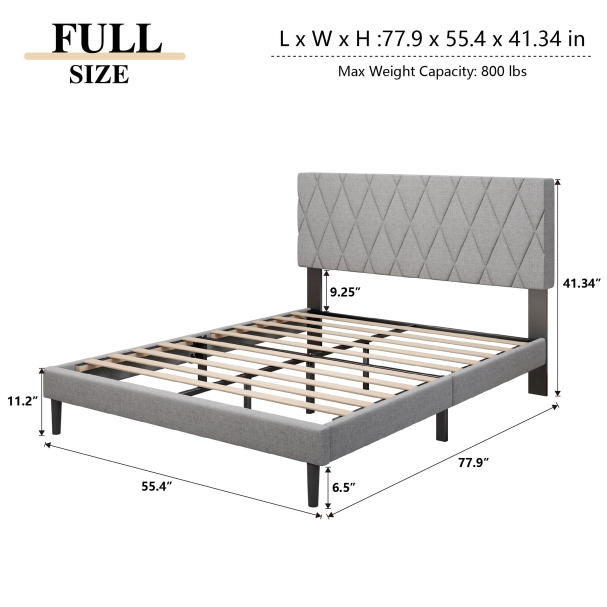 CXVX Full Size Bed Frame with Diamond Tufted Headboard, Linen Upholstered Platform Bed and Wooden Slat Support, Noise-Free, No Box Spring Needed, Easy Assembly, Light Grey CXVX