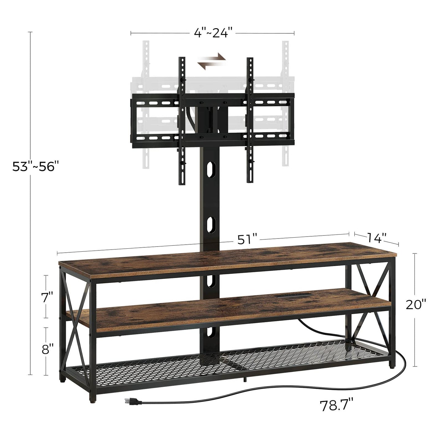 Seventable TV Stand with Mount and Power Outlet 51", Swivel TV Stand Mount for 32/45/55/60/65/70 inch TVs, Height Adjustable TV Entertainment Center with Cable Management, Rustic Brown