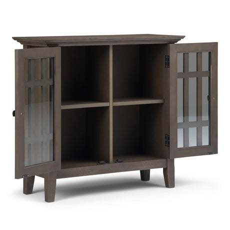 SIMPLIHOME Bedford SOLID WOOD 32 inch Wide Transitional Low Storage Media Cabinet in Farmhouse Grey for the Living Room, Entryway and Family Room SIMPLIHOME