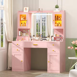 Vanity Desk with Mirror and Lights, Makeup Vanity Table with Power Outlet, Dressing Vanity Table Set with 6 Drawers & 4 Cabinets, 3 Color Modes & Brightness Adjusted, for Bedroom Room, Pink Aiguazi