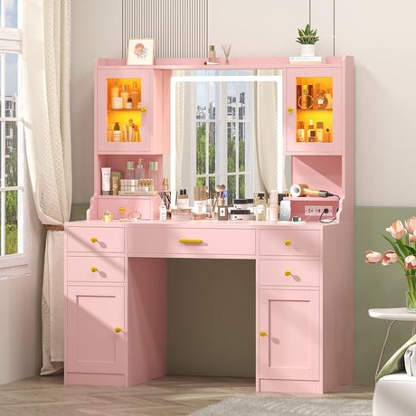 Vanity Desk with Mirror and Lights, Makeup Vanity Table with Power Outlet, Dressing Vanity Table Set with 6 Drawers & 4 Cabinets, 3 Color Modes & Brightness Adjusted, for Bedroom Room, Pink Aiguazi