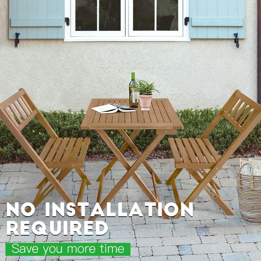 3-Piece Acacia Wood Folding Patio Bistro Set Outdoor Bistro Set Table and Chairs Set with 2 Chairs and Square Table for Pool Beach Backyard Balcony Porch Deck Garden Wooden Furniture, Natural Oiled FDW