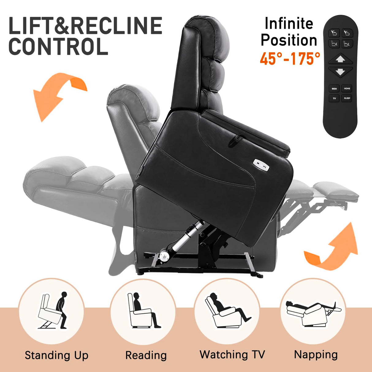 EONIX Dual Motor Lay Flat Power Lift Recliner Chair for Elderly, Faux Leather Electric Lift Chairs for Adults, 400lbs Heavy Duty Power Recliner with Heat Massage Charging Ports, SLRY003, Black EONIX