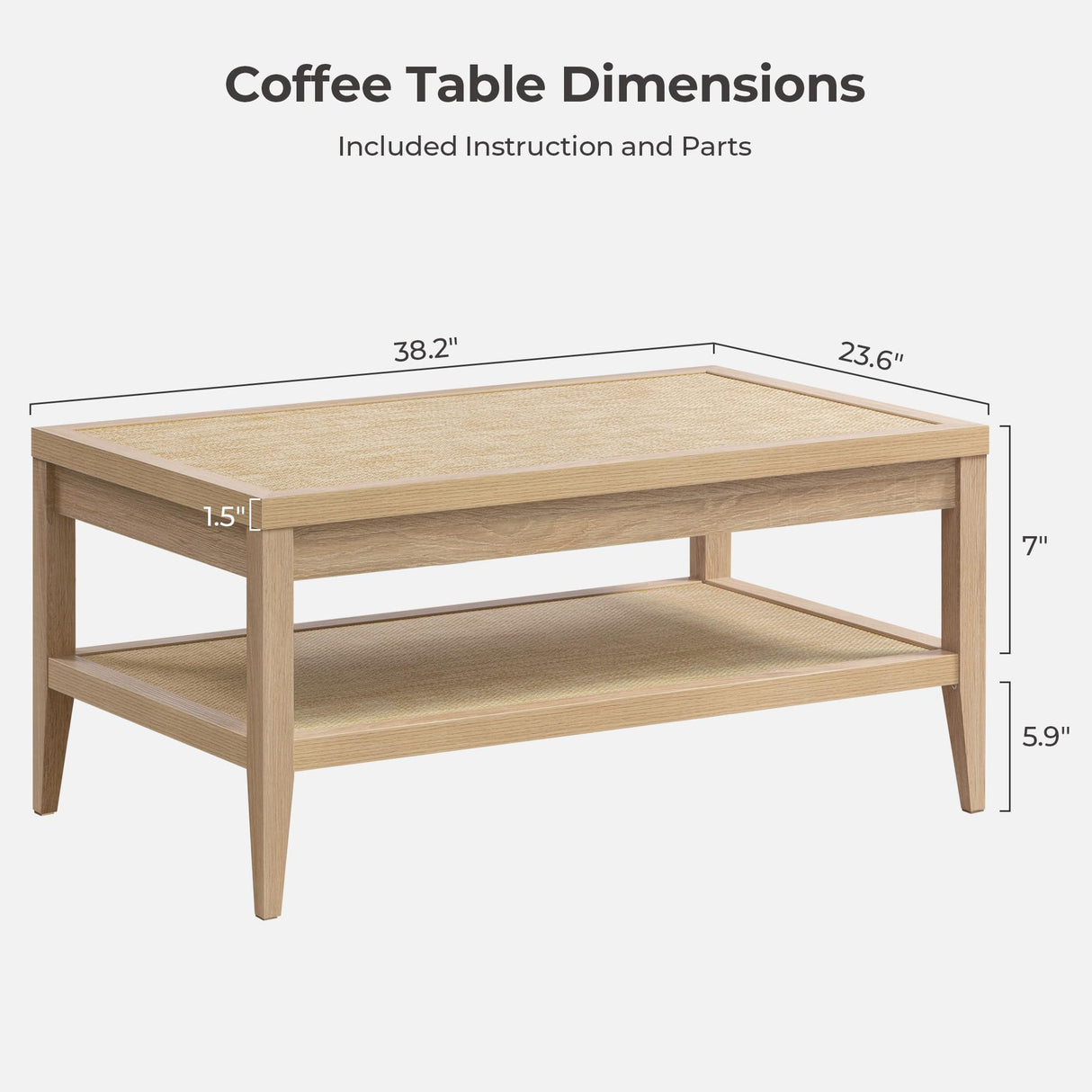 SICOTAS Rattan Coffee Table for Living Room - Boho Rectangular Dining Center Table with 2 -Tiers Rattan Storage Shelf, Farmhouse Accent Table for Living Room, Home Office, Light Oak SICOTAS